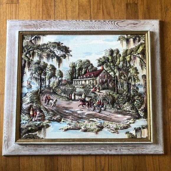 Framed Puffy Trapunto Quilted Fabric Artwork Depicting Southern Waterfront Scene - Picture 1 of 10